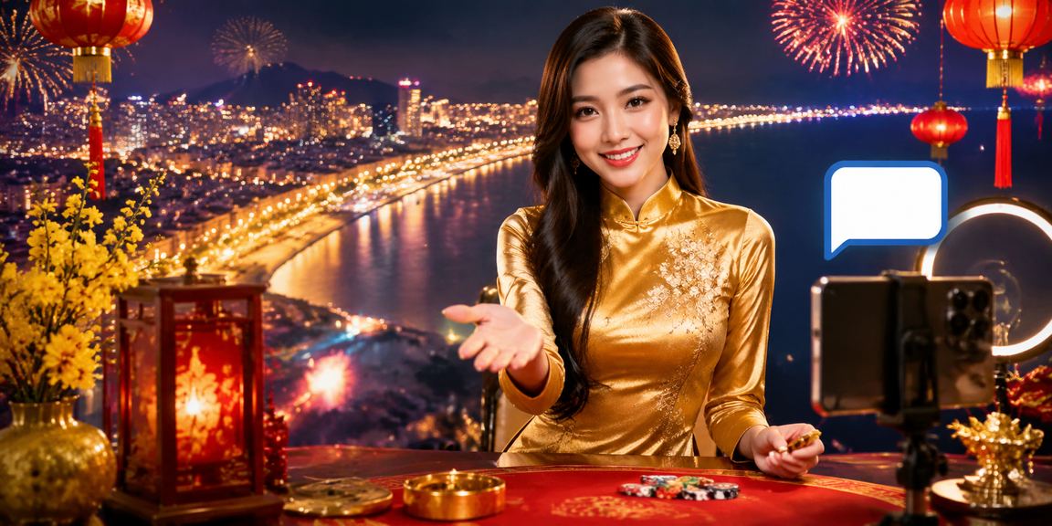 Khung cảnh cá cược và giải trí casino tại Quy Nhơn với áo dài truyền thống Việt Nam
